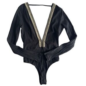 Women's Sisters of the Tribe Black Embellished V Neck‎ Ribbed Bodysuit Size 12
